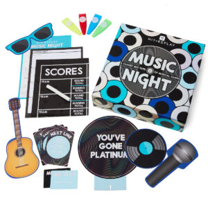 Hit Replay Music Night Game with its contents laid out on a white surface